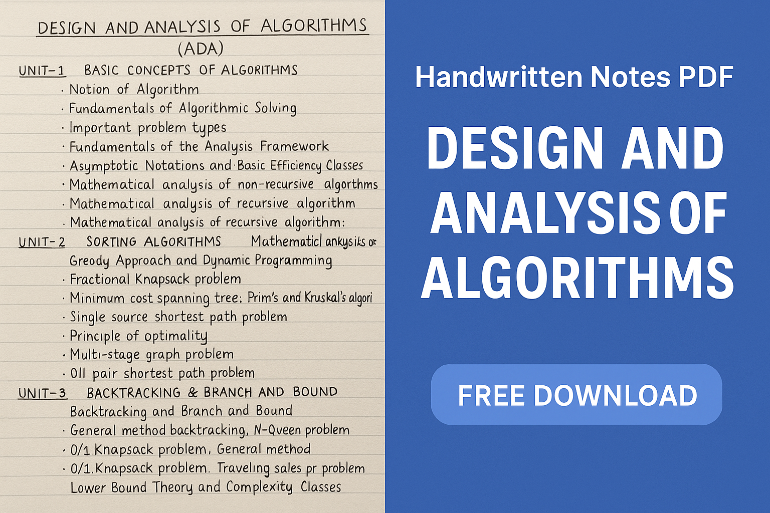 Handwritten Notes PDF – Design and Analysis of Algorithms (ADA) | Free Download