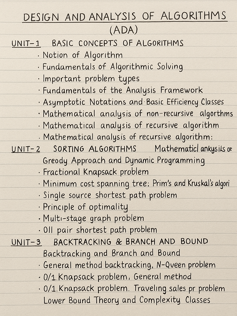 Handwritten Notes PDF – Design and Analysis of Algorithms (ADA) | Free Download